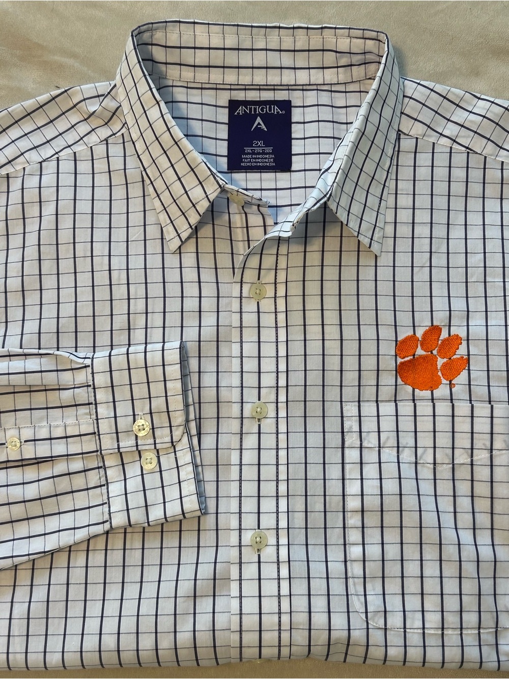 Antigua Men's Clemson Tigers Dress Shirt 2XL Purple Grid Long Sleeve Button Up